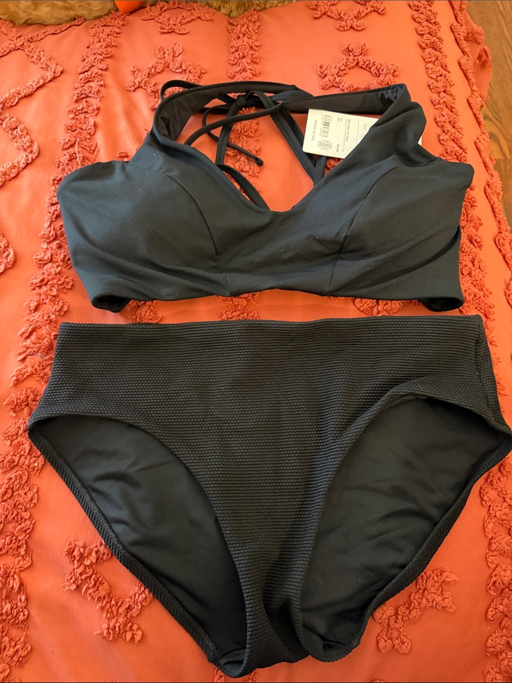 Athleta Black Bikini with Medium High-Waist Bottom. Large top.